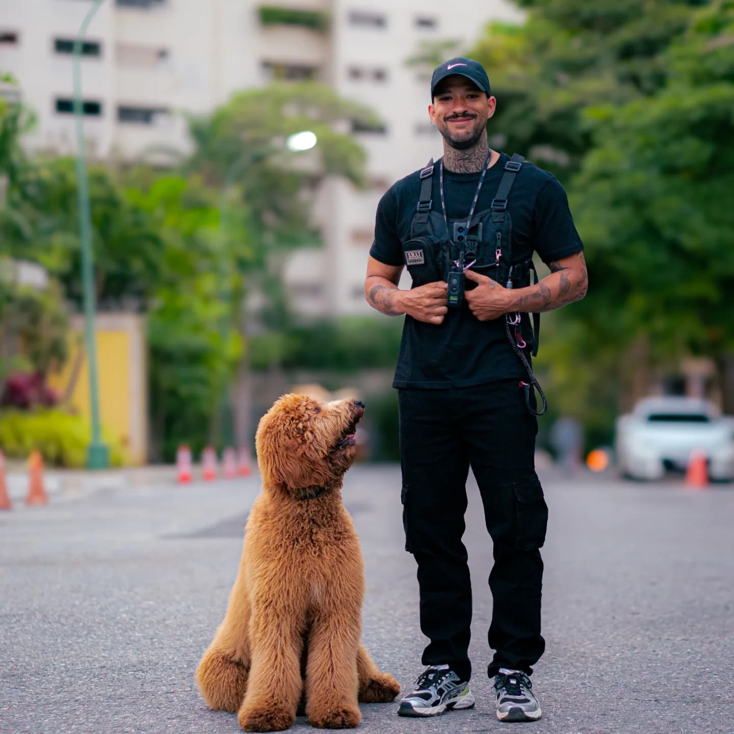 Entrenador profesional con perro en entorno urbano